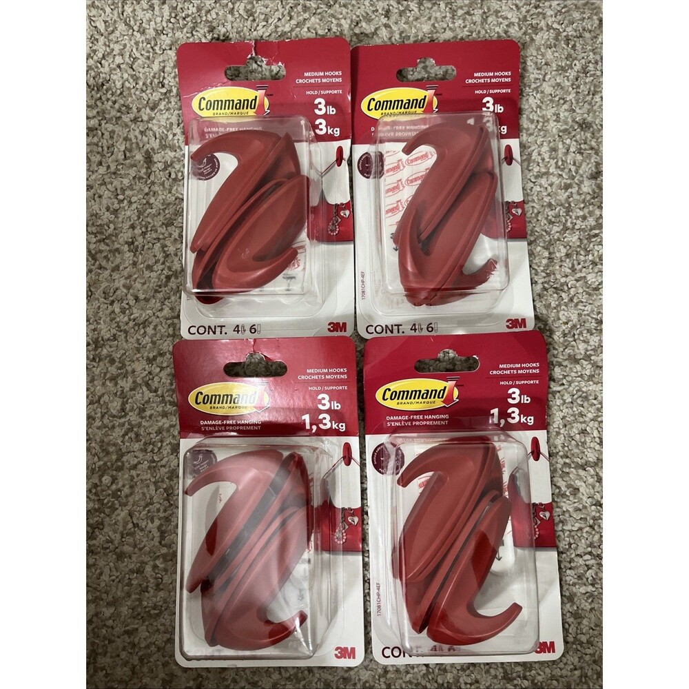 4 Packs 3M Command 16 Medium Designer Hooks & 24 Adhesive Strips Max 3 lb